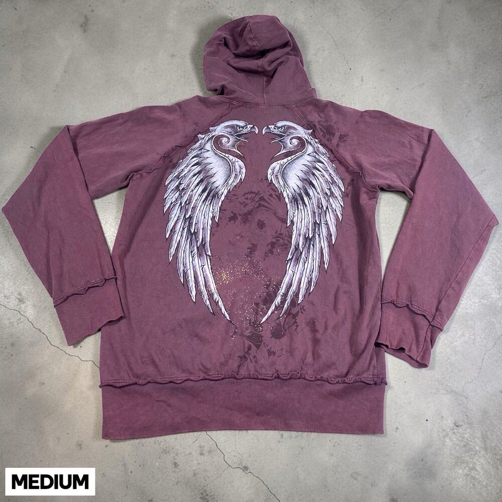 VTG Y2K Sinful Affliction Hoodie‎ Womens MED Burgundy Sweatshirt Zip Wings Eagle